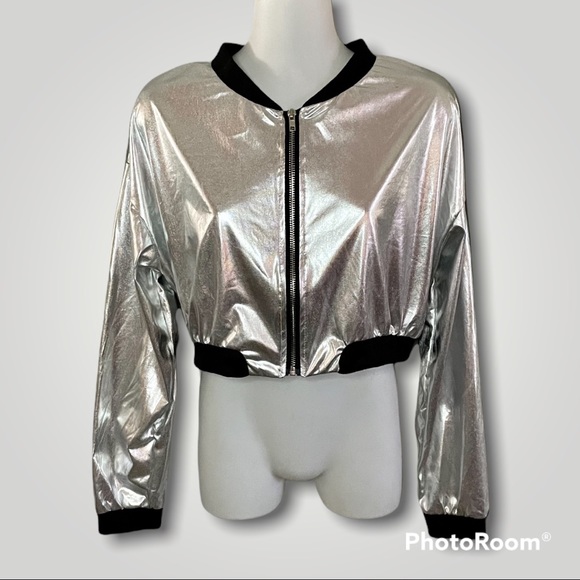 SHEIN Jackets & Blazers - SHEIN Metallic Silver & Black Zip-Up Cropped Bomber Jacket - HTF